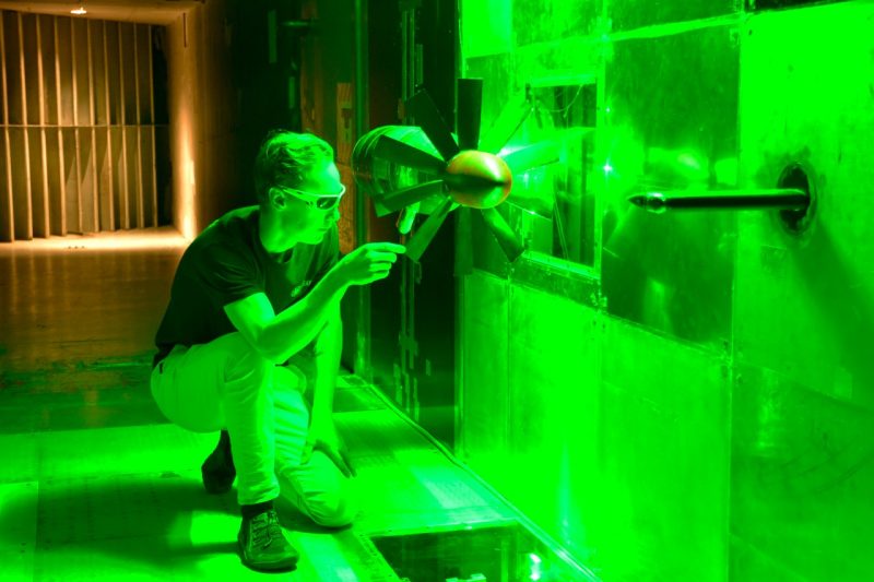Preparing for particle image velocimetry measurements of unsteady inflow into a rotor inside the test section of Virginia Tech’s Stability Wind Tunnel. 