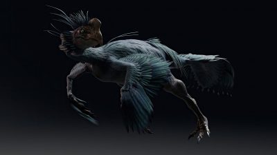 Artist illustration of dinosaur with beak and feathers.