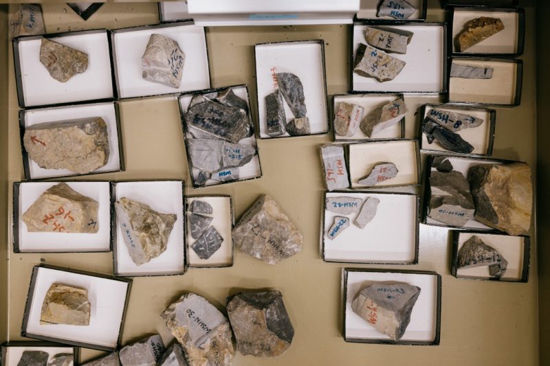 Junyao Kang holds a carbonate rock sample.