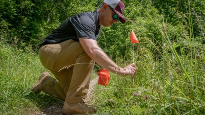 Virginia Tech Professor Jacob Barney conducts Invasive plants research in the field