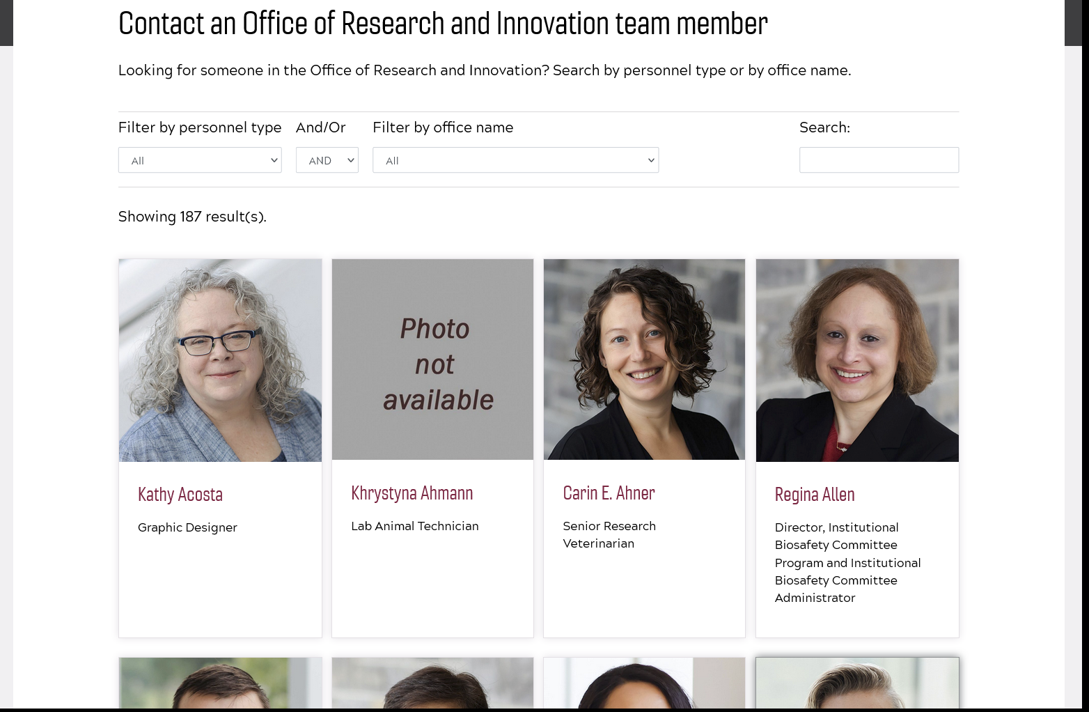 Screenshot example showing a listing of employees with an image followed by name and job title for each employee, organized four per row. 