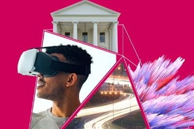 A composition showing a man wearing a virtual reality headset, the Nation's Capitol building, a blurred traffic photo, and a blurred cherry blossom composition. 