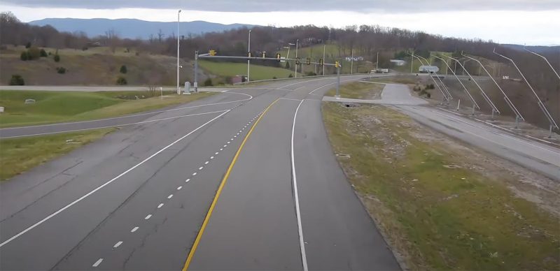 An aerial drone photo of a section of the Virginia Smart Roads.