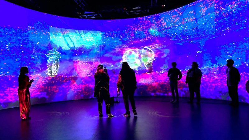 The Cube is a highly adaptable space for research and experimentation in big data exploration, immersive environments, intimate performances, audio and visual installations, and experiential investigations of all types. This facility is shared between ICAT and the Moss Arts Center at Virginia Tech.  In this photo, six people are observing the cube. 